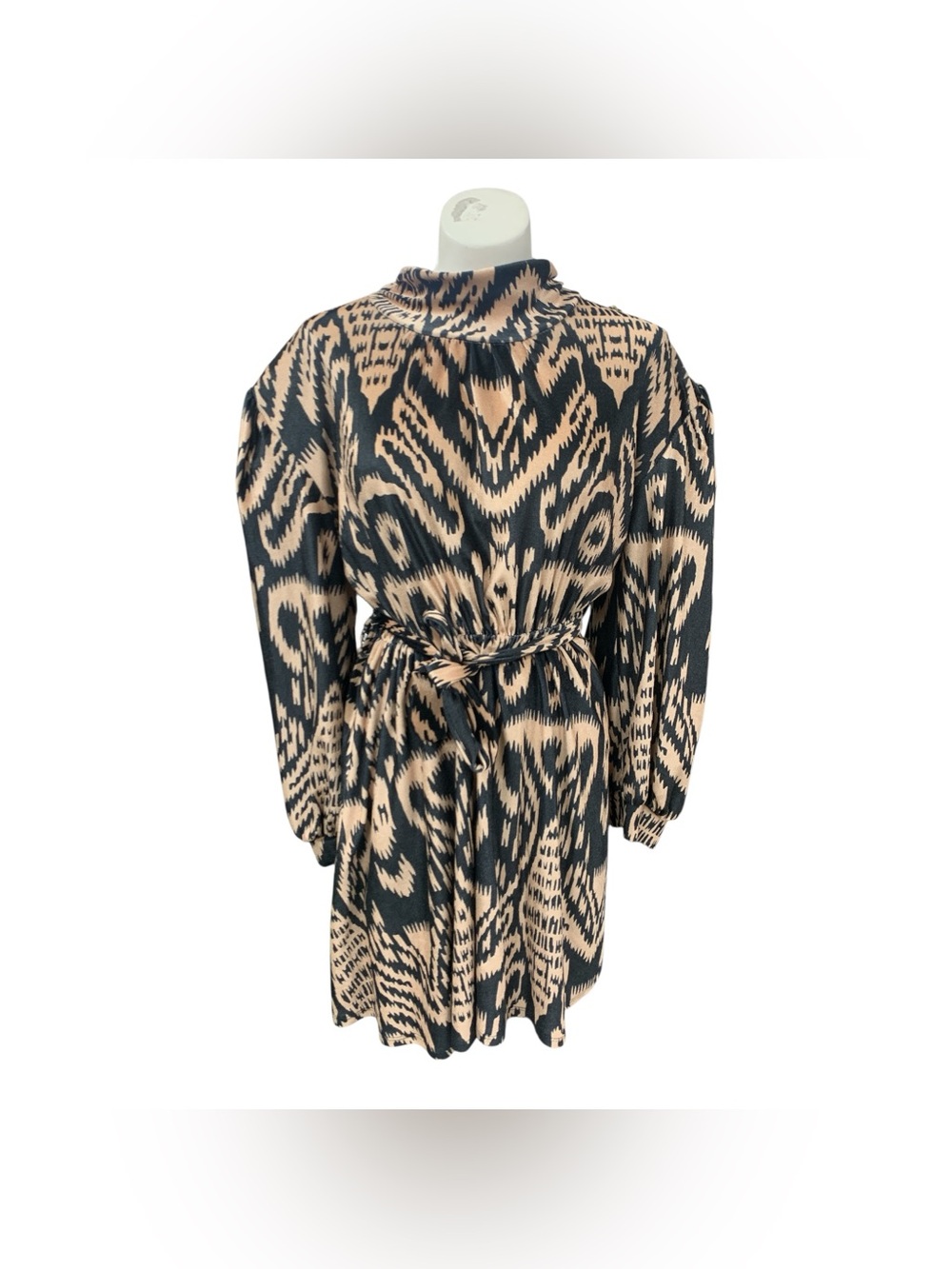 Timiami Black and Beige Printed Belted Long-Sleeve Dress Size M